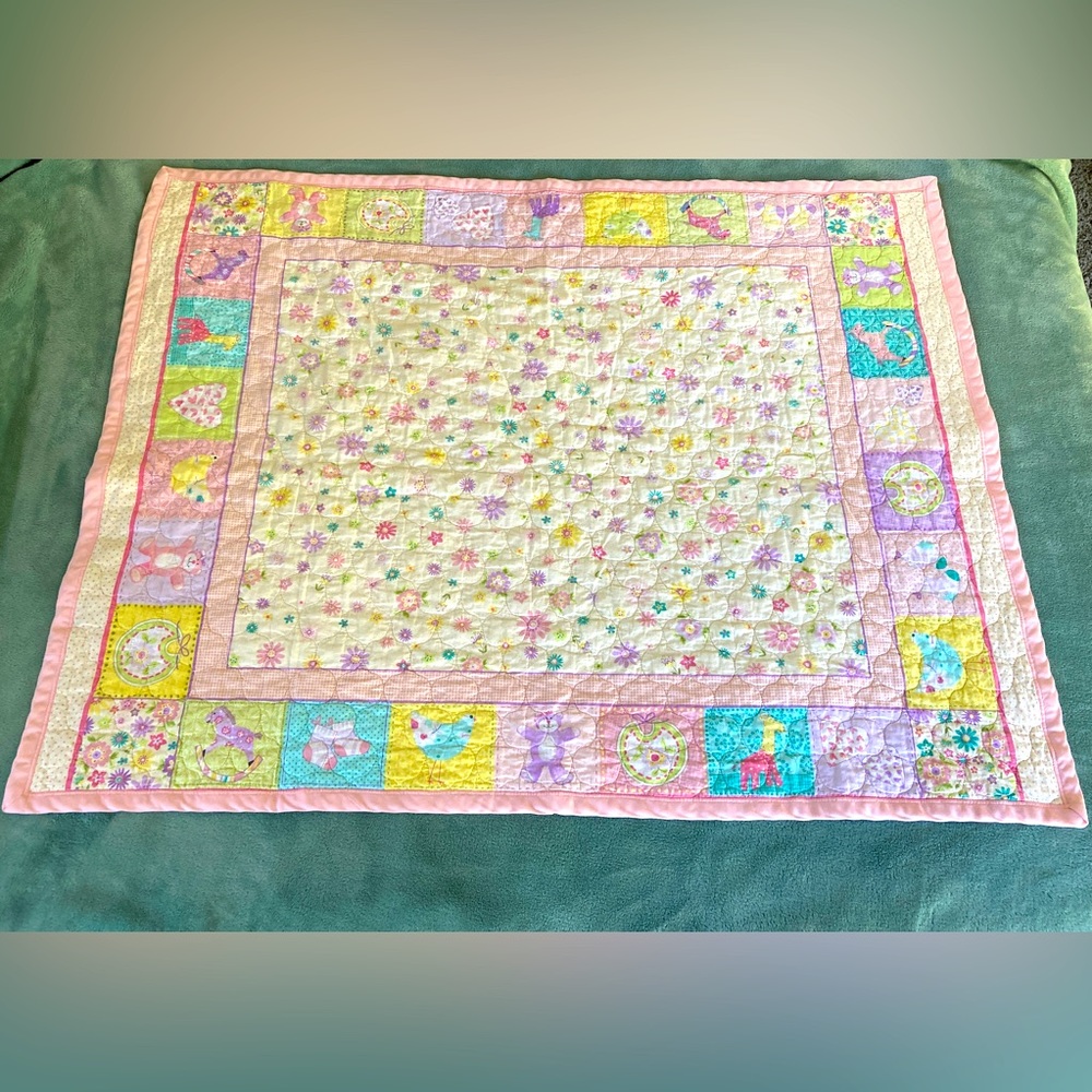 Homemade Baby Quilt, Pastel Colors, Polka Dot, Animals, Flowers, Pink, White